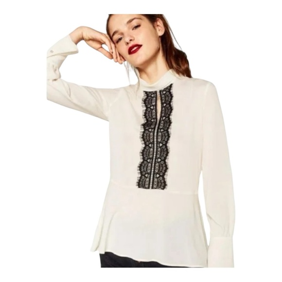 Zara Blouse Long Sleeves Wide Cuffs. Black Lace Front Sz M - Picture 1 of 8